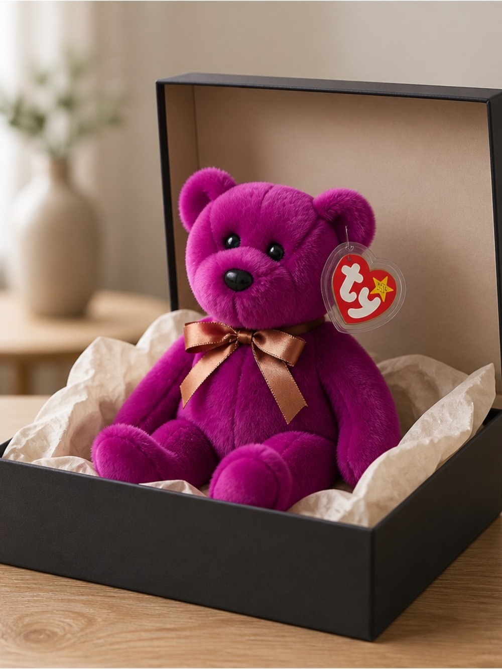 Ty Plush Bear - Vivid Magenta with Gold Ribbon